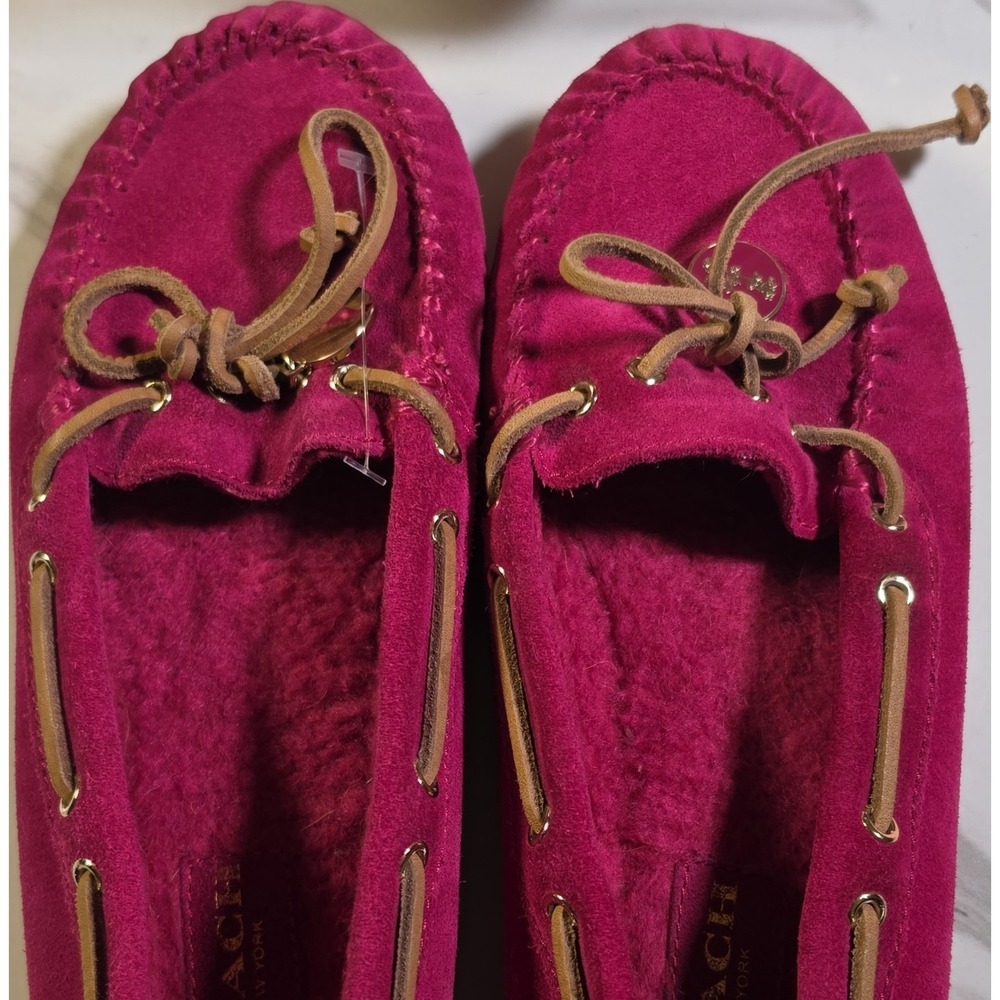 Coach Antonia Women's Moccasin Slippers Pink Suede Lined Rubber Sole Sz 7.5M
